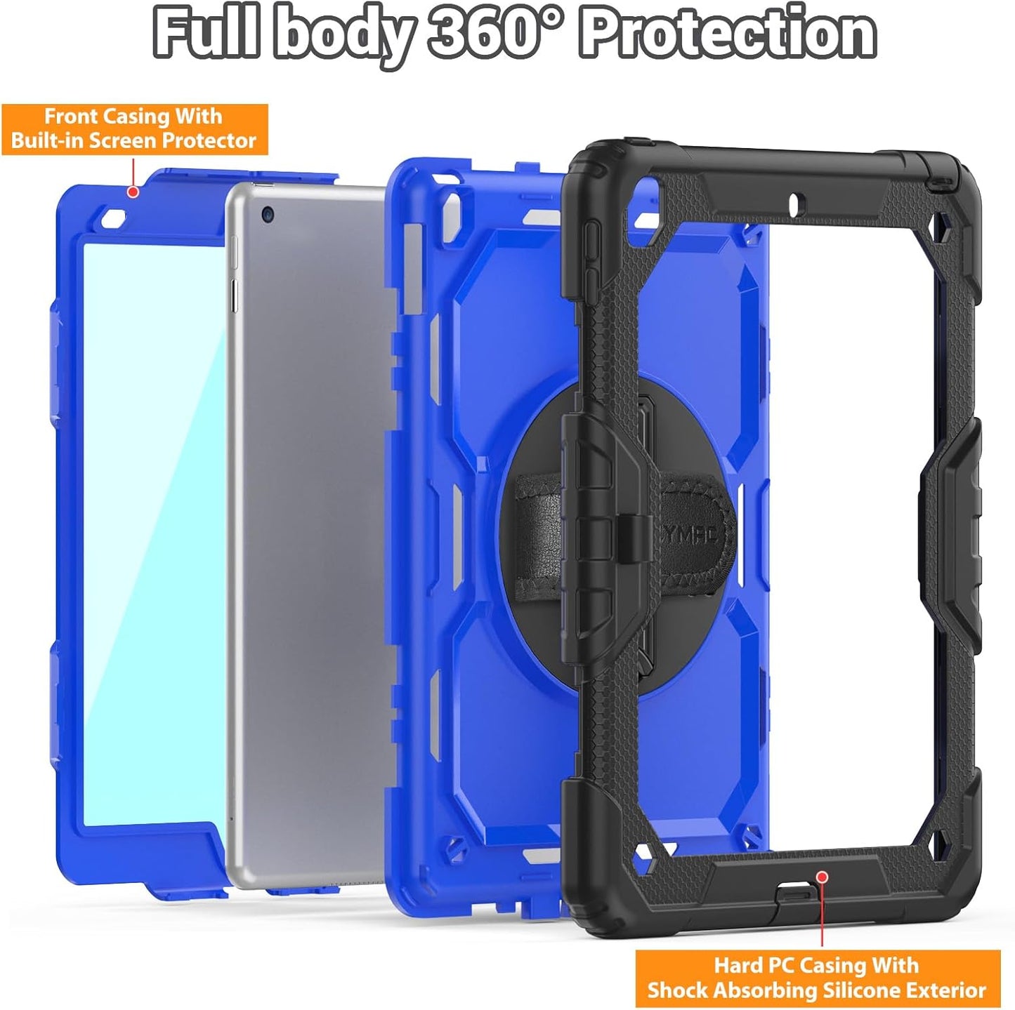 for Ipad 9Th/8Th/7Th Generation Case 10.2" 2021-2019, Full-Body Shockproof Heavy Duty Protective Case with Screen Protector, Rotating Stand/Handle/Shoulder Strap for Ipad 10.2, Black/Blue