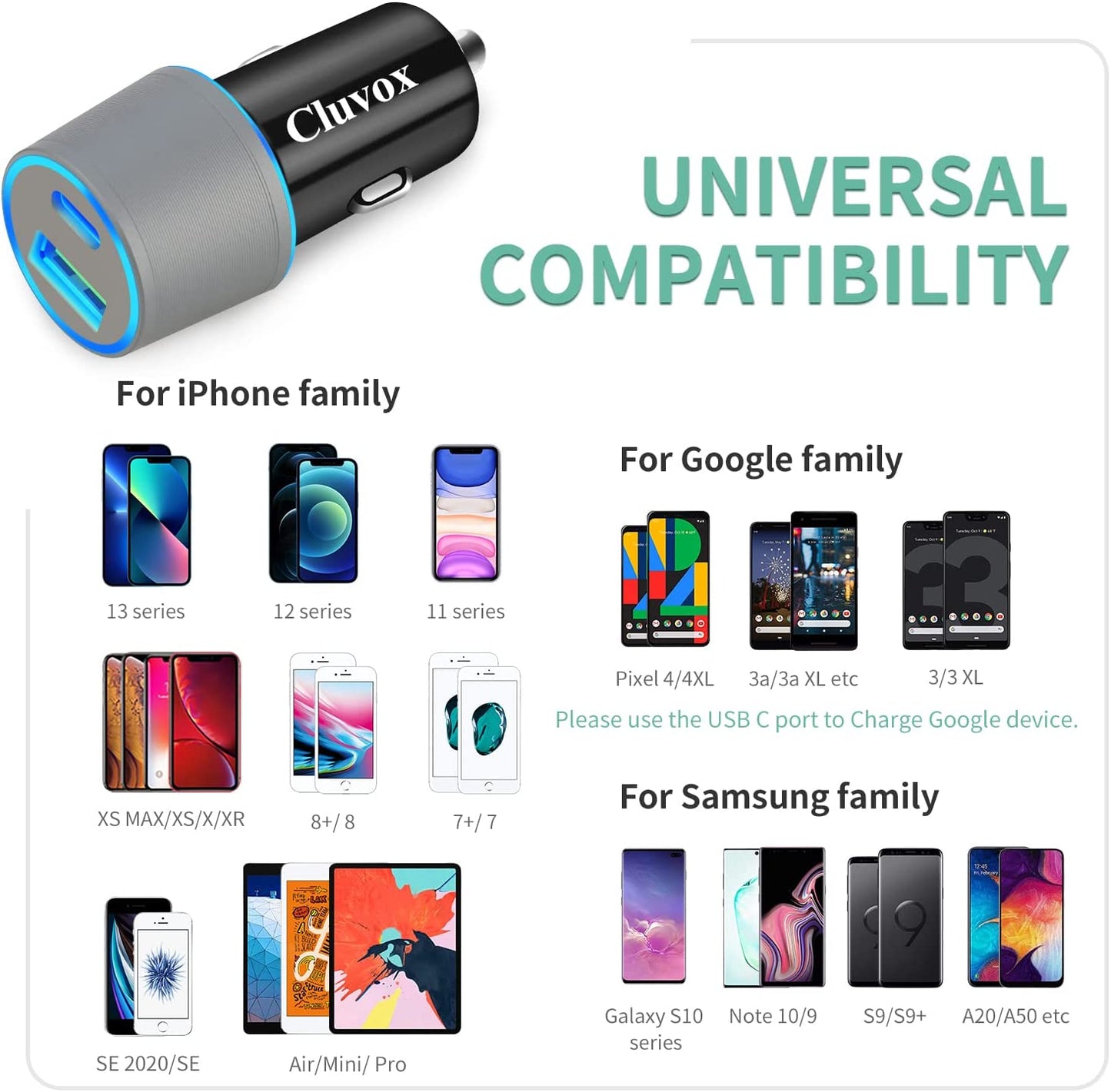 Dual USB Car Charger Adapter, 20W Fast Charge Car Charger for Iphone 16 Pro Max/Plus/15/14/13/12/11/Xs/Xr/8/Se 2020/Ipad 8Th/Pro/Air 4/Mini, Google Pixel, Samsung Cigarette USB Charger