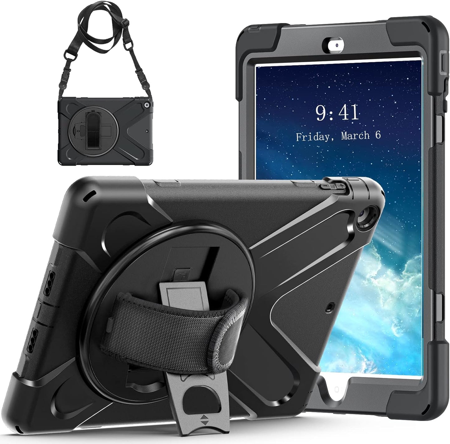 Ipad Air Case 1St Generation 2013, Ipad Air 1 Case Heavy Duty Shockproof, Military Grade Rugged Protective Case W/Rotating Stand Hand Shoulder Strap for Ipad Air 9.7 Inch A1474/A1475/A1476-Black