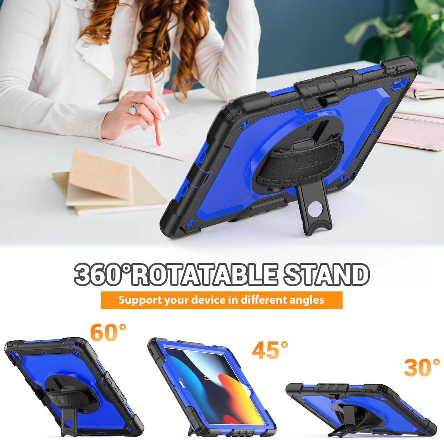 for Ipad 9Th/8Th/7Th Generation Case 10.2" 2021-2019, Full-Body Shockproof Heavy Duty Protective Case with Screen Protector, Rotating Stand/Handle/Shoulder Strap for Ipad 10.2, Black/Blue