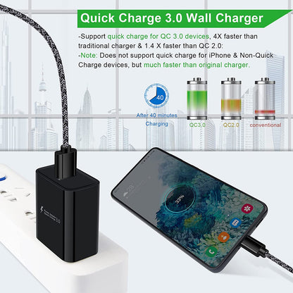 Type C Charger Fast Charger for Samsung Galaxy S24 S23 S22 S21 S20 A15 A54 A14 A53 A13,LG Stylo 6 5,Moto G Pure/G Power/G Stylus/G Play,Quick Charge 3.0 Car Charger Wall Adapter +3FT 6FT USB C Cable
