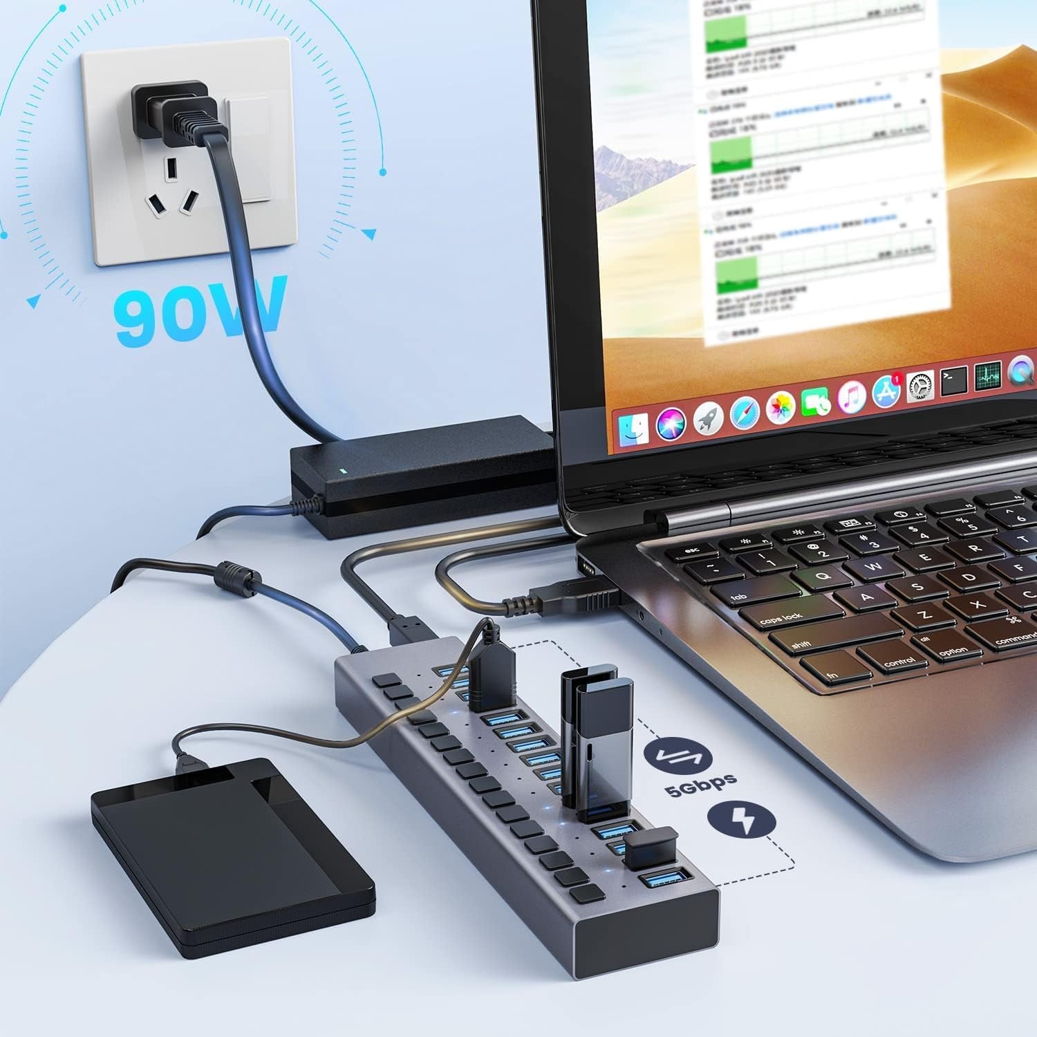 90W Powered USB Hub -  16 Ports USB 3.0 Data Port, Aluminum Housing, Individual On/Off Switches, 12V/7.5A Power Adapter, USB Splitter for Laptop, PC, Computer, Printer