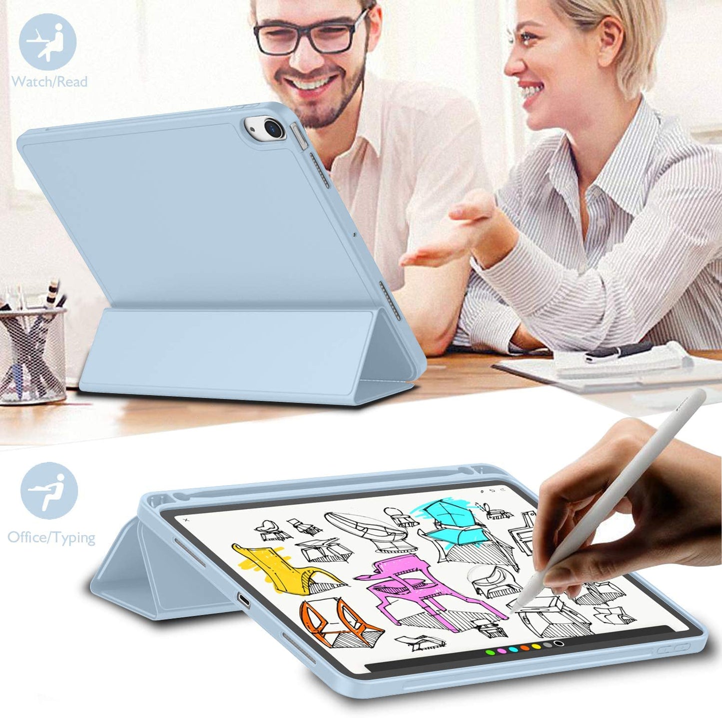 Ipad Air 11 Inch Case M2 2024, Ipad Air 5Th/4Th Generation Case 2022/2020 10.9 Inch with Pencil Holder, Trifold Stand Smart Case(Sky Blue)