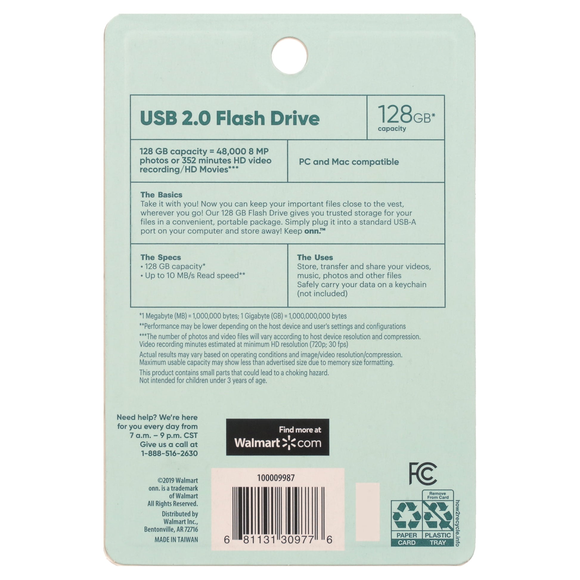 USB 2.0 Flash Drive for Tablets and Computers, 128 GB Capacity
