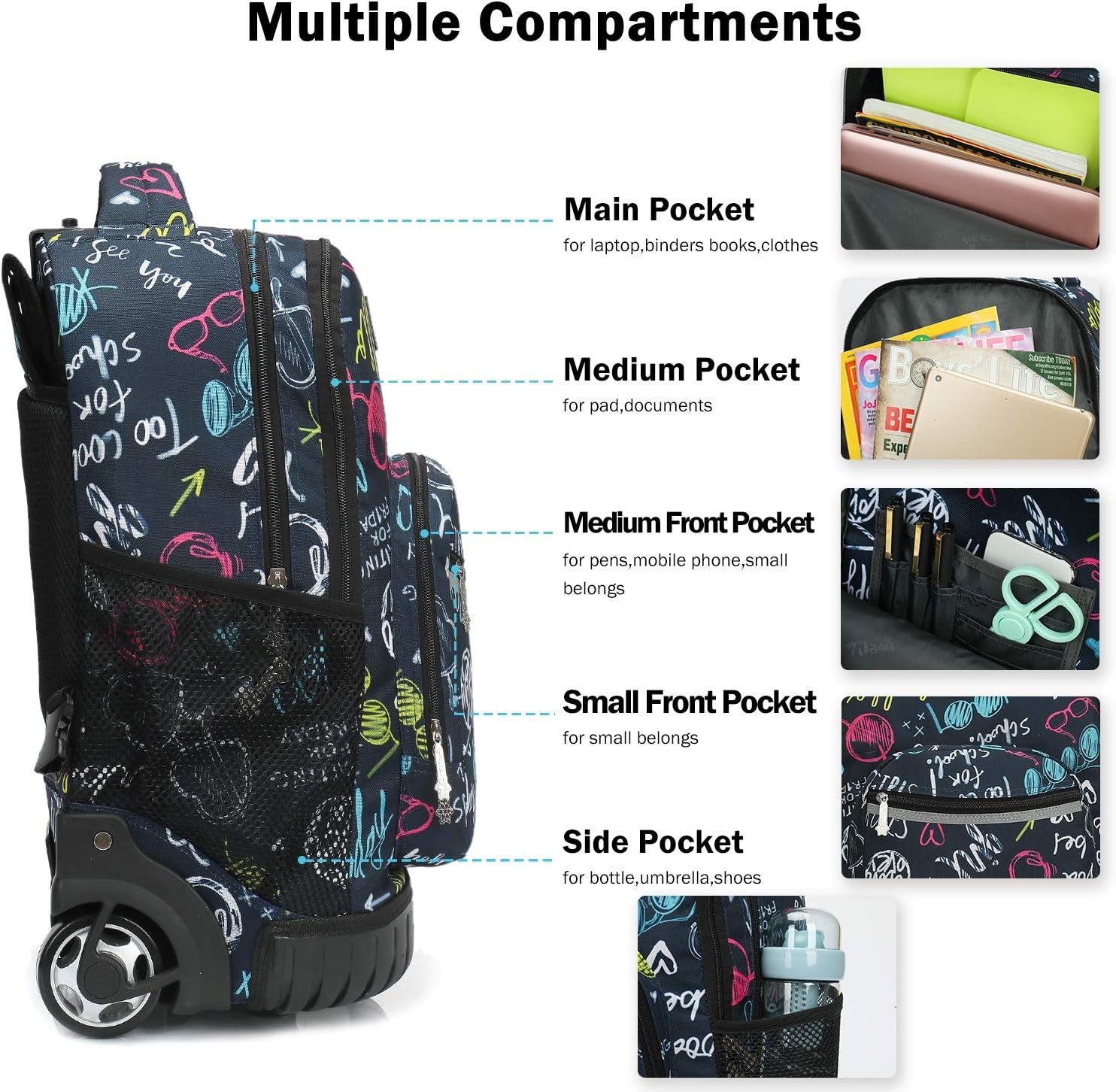 Rolling Backpack 19 Inch Wheeled Boys Girls Travel School Student Trip…