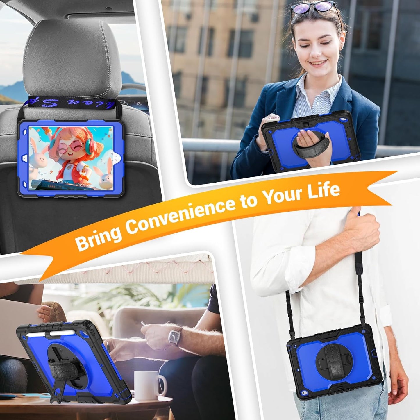for Ipad 9Th/8Th/7Th Generation Case 10.2" 2021-2019, Full-Body Shockproof Heavy Duty Protective Case with Screen Protector, Rotating Stand/Handle/Shoulder Strap for Ipad 10.2, Black/Blue