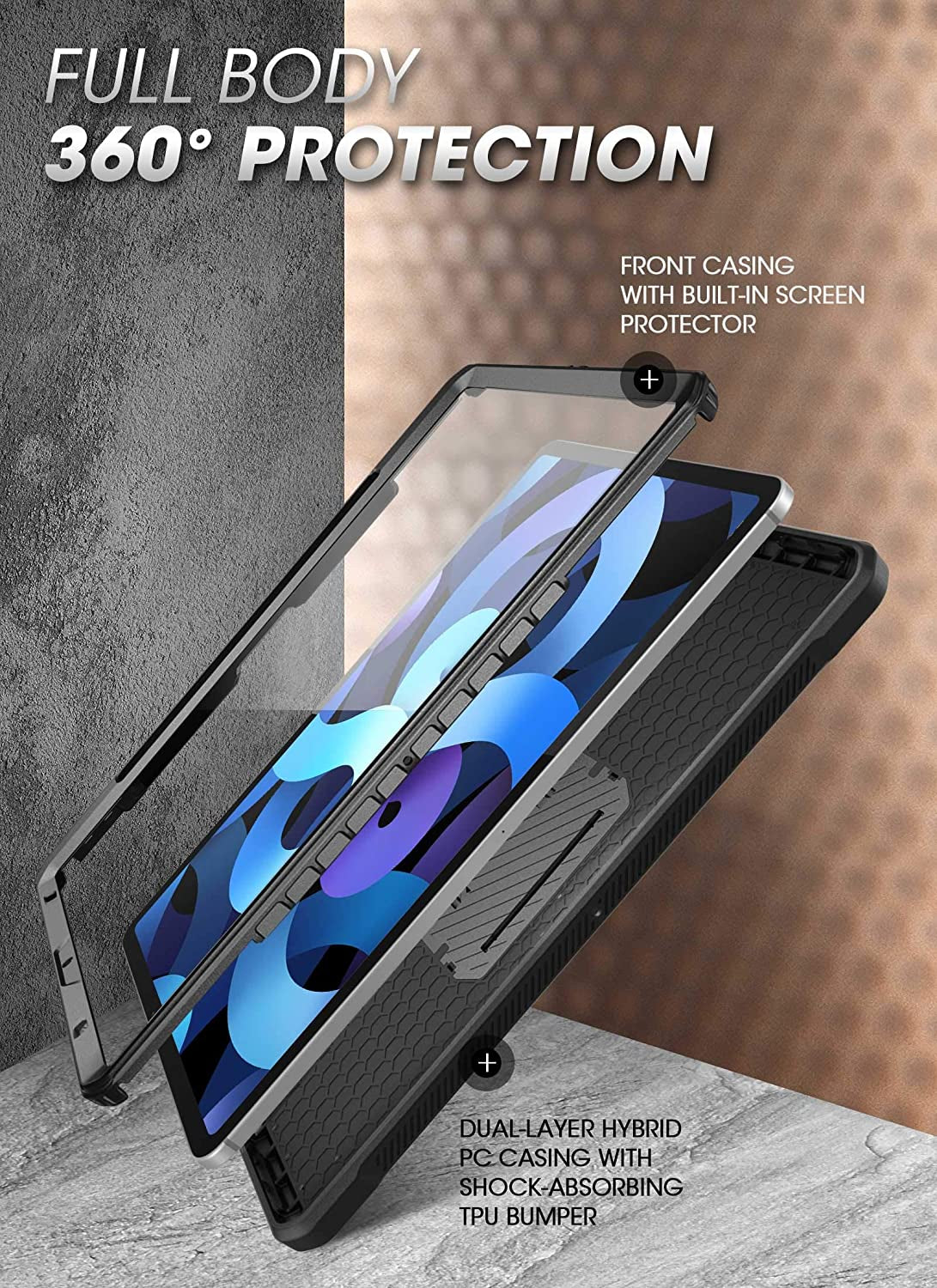 for Ipad Air 5Th Generation Case / Ipad Air 4Th Generation Case with Pencil Holder (Unicorn Beetle Pro), [Built-In Screen Protector & Stand] Rugged Case for Ipad Air 5/4 10.9 Inch, Black