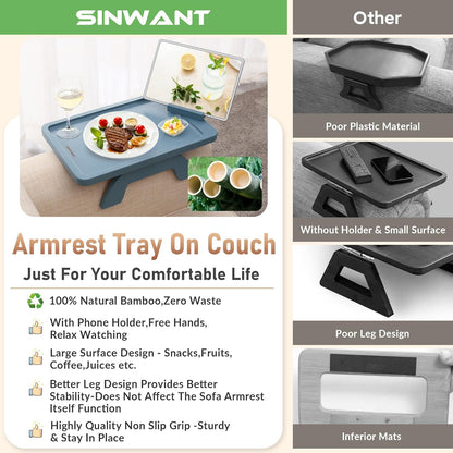 SINWNAT Couch Arm Tray, Bamboo Sofa Arm Clip on Tray Table,Sofa Armrest Tray with 360° Phone Holder,Couch Arm Table for Eating and Drinking Table