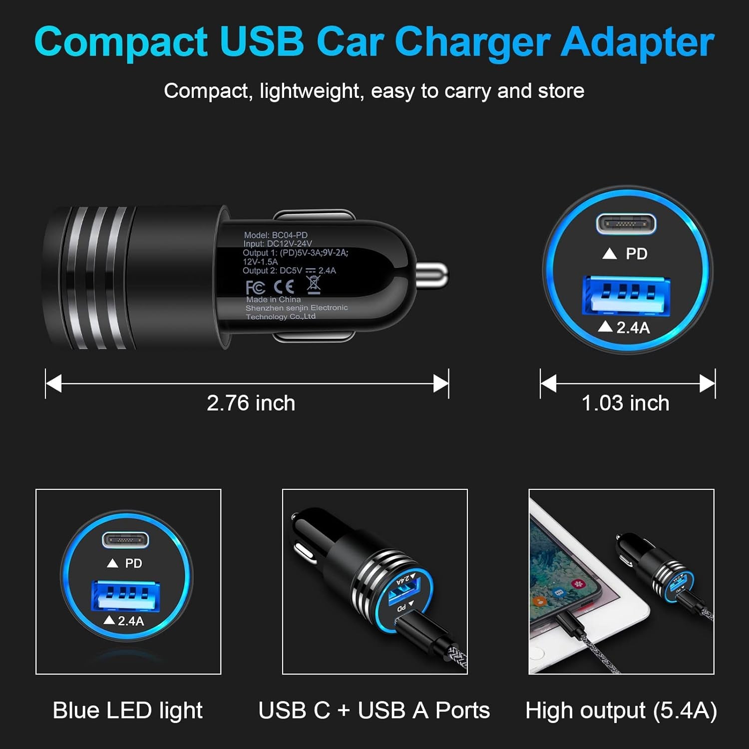 Fast Charging USB C Car Charger for Iphone 16 15 14 13 12 Pro Max SE XR XS X Samsung Galaxy S24 S23 S22 S21 S20 Note20 Google Pixel 9/8 Pro/7A/7 Pro/6A/6/5/4A/4/3,2Pack 30W PD+2.4A Type C Car Adapter