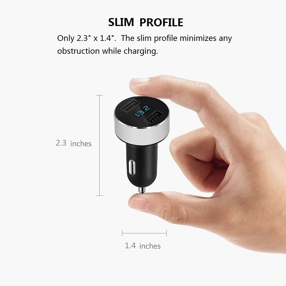 Dual USB Car Charger, 4.8A Output, 12/24 Volt USB Adapter Plug for Cigarette Lighter Voltage Meter, Compatible with Iphone,Ipad, Samsung Galaxy, LG, Google, Silver