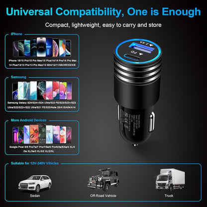 Fast Charging USB C Car Charger for Iphone 16 15 14 13 12 Pro Max SE XR XS X Samsung Galaxy S24 S23 S22 S21 S20 Note20 Google Pixel 9/8 Pro/7A/7 Pro/6A/6/5/4A/4/3,2Pack 30W PD+2.4A Type C Car Adapter