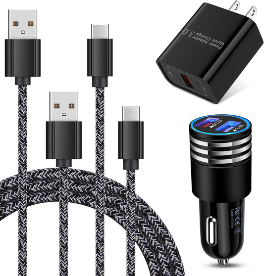 Type C Charger Fast Charger for Samsung Galaxy S24 S23 S22 S21 S20 A15 A54 A14 A53 A13,LG Stylo 6 5,Moto G Pure/G Power/G Stylus/G Play,Quick Charge 3.0 Car Charger Wall Adapter +3FT 6FT USB C Cable