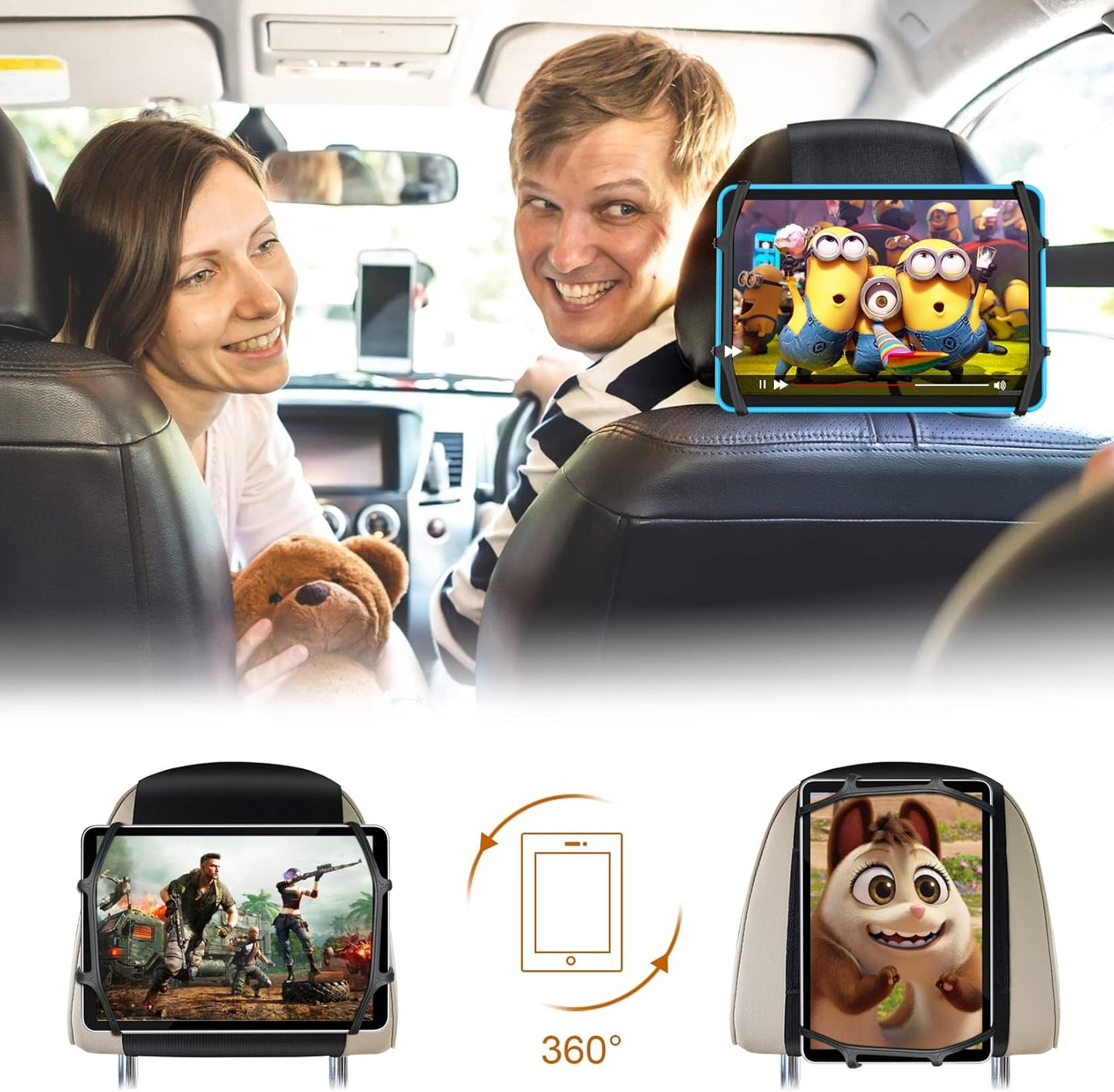 Car Headrest Mount Holder, Tablet Holder for Kids in Back Seats, Anti-Slip Strap and Holding Net,Angle-Adjustable/Fits All 7 Inch to 12.9 Inch Tablets