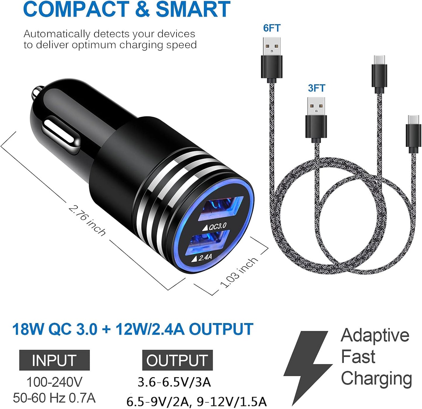Type C Charger Fast Charger for Samsung Galaxy S24 S23 S22 S21 S20 A15 A54 A14 A53 A13,LG Stylo 6 5,Moto G Pure/G Power/G Stylus/G Play,Quick Charge 3.0 Car Charger Wall Adapter +3FT 6FT USB C Cable