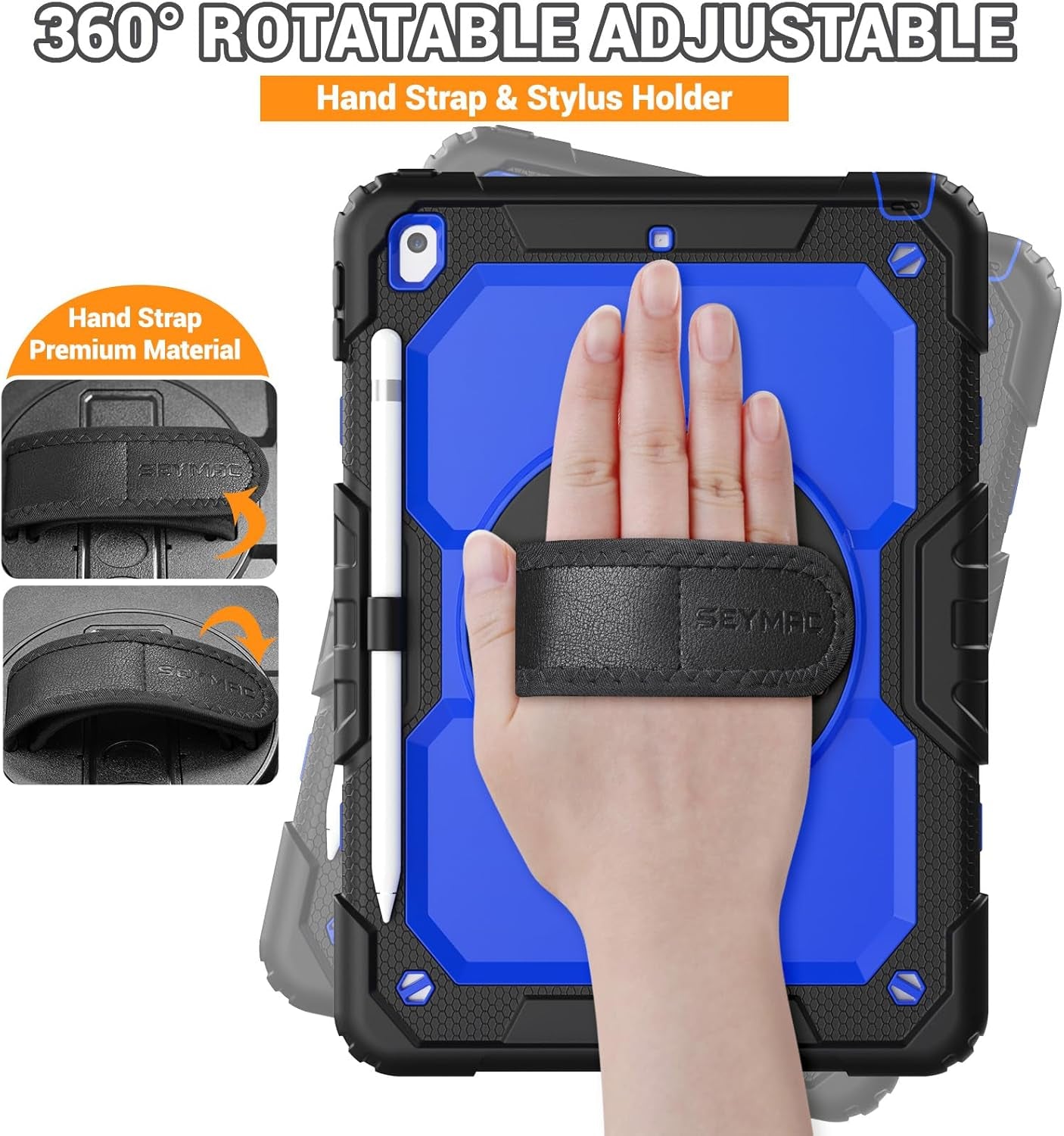 for Ipad 9Th/8Th/7Th Generation Case 10.2" 2021-2019, Full-Body Shockproof Heavy Duty Protective Case with Screen Protector, Rotating Stand/Handle/Shoulder Strap for Ipad 10.2, Black/Blue