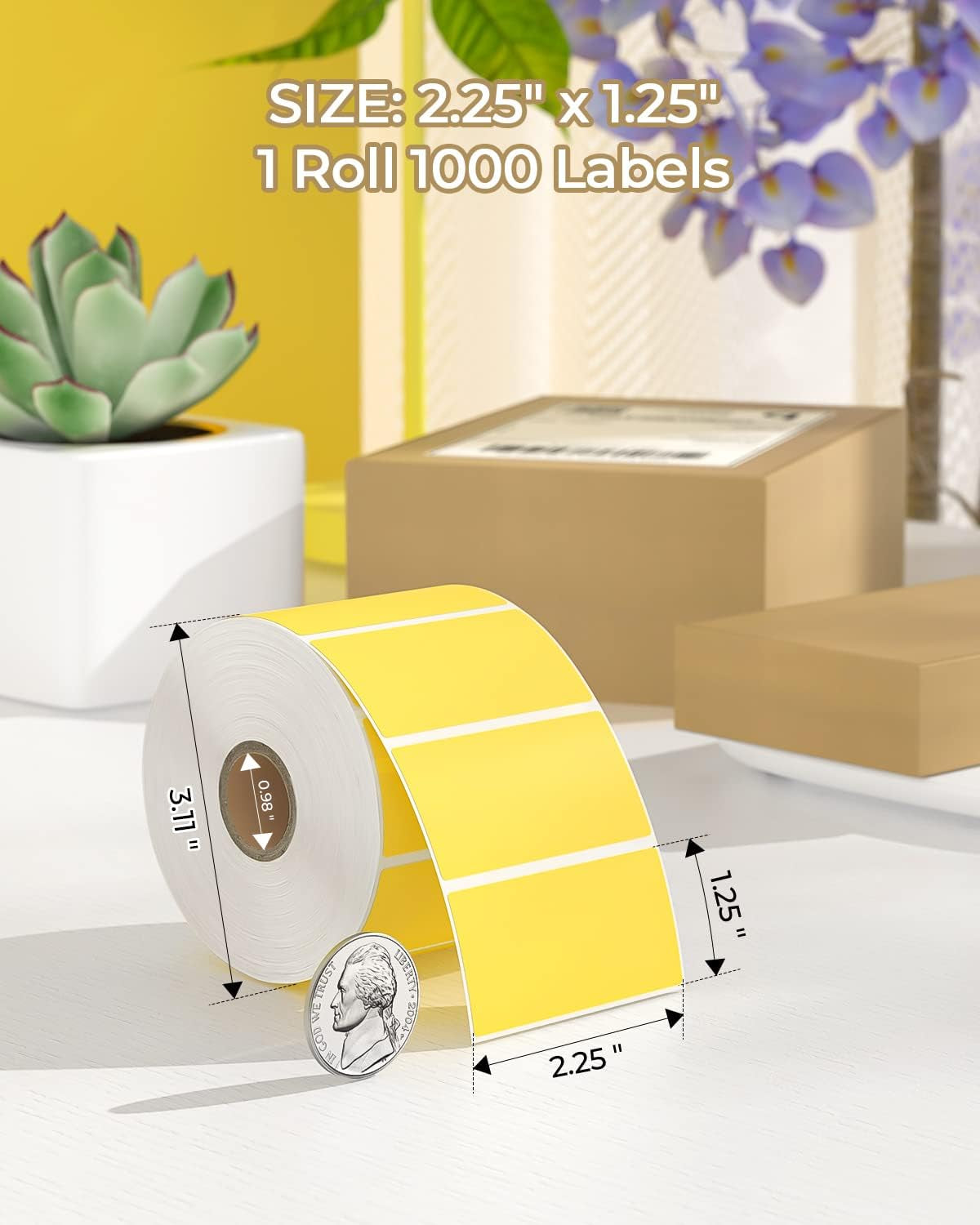 2.25"X1.25" Yellow Direct Thermal Labels, Self-Adhesive Address Shipping Thermal Stickers Label for Thermal Label Printer-1 Roll,1000 Labels