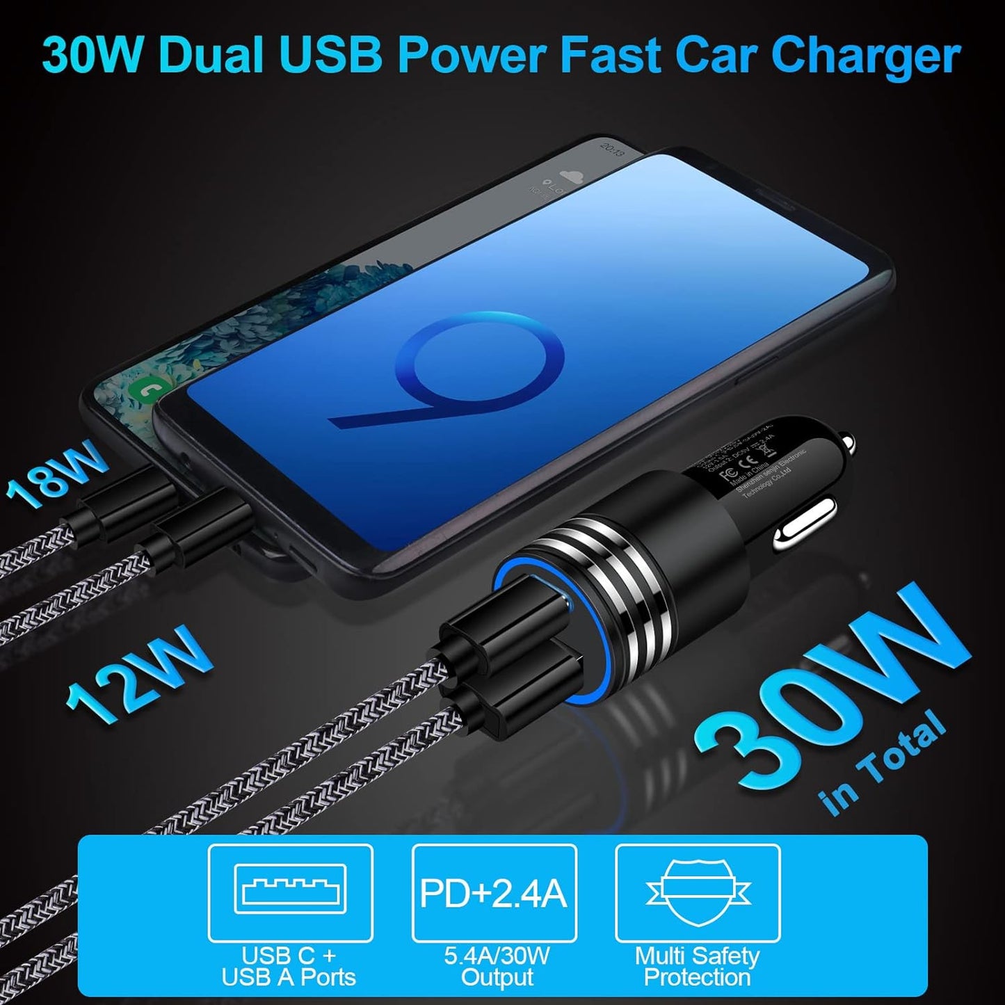 Fast Charging USB C Car Charger for Iphone 16 15 14 13 12 Pro Max SE XR XS X Samsung Galaxy S24 S23 S22 S21 S20 Note20 Google Pixel 9/8 Pro/7A/7 Pro/6A/6/5/4A/4/3,2Pack 30W PD+2.4A Type C Car Adapter