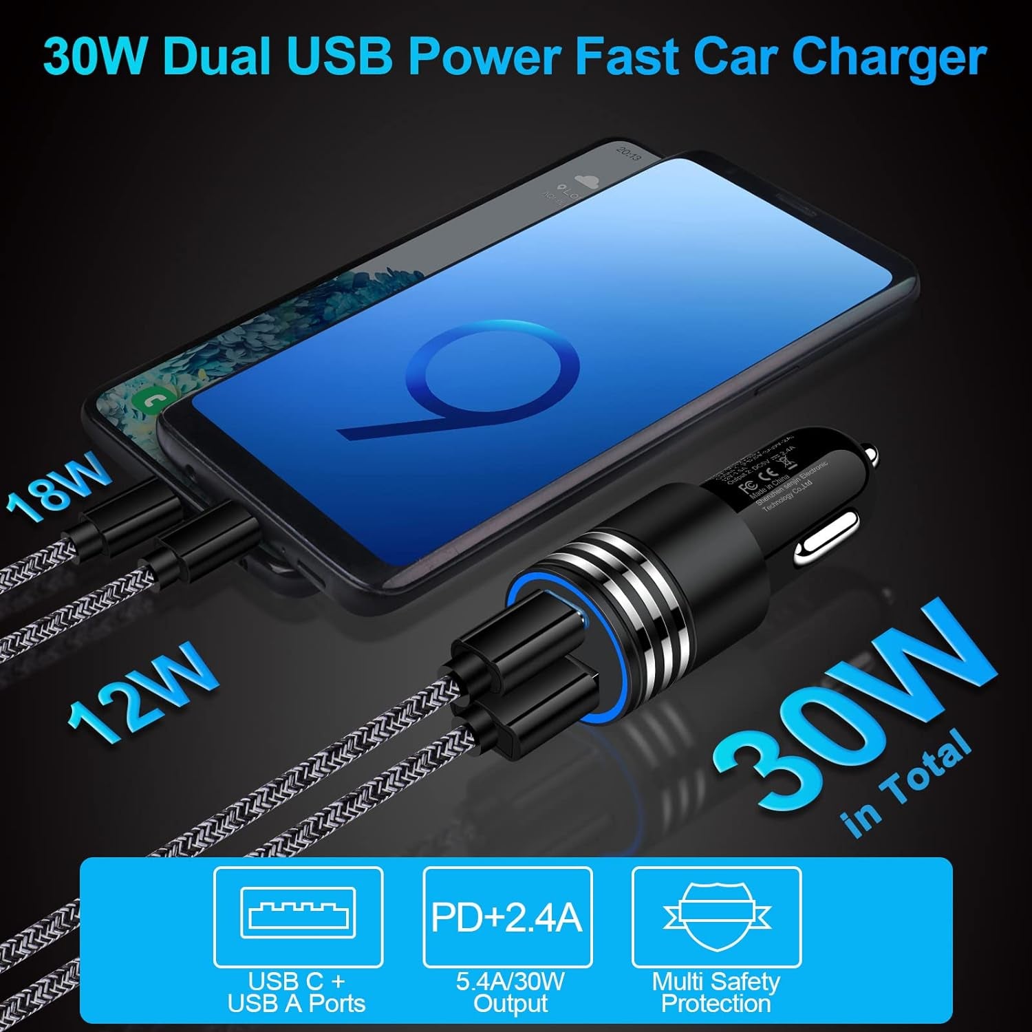 Fast Charging USB C Car Charger for Iphone 16 15 14 13 12 Pro Max SE XR XS X Samsung Galaxy S24 S23 S22 S21 S20 Note20 Google Pixel 9/8 Pro/7A/7 Pro/6A/6/5/4A/4/3,2Pack 30W PD+2.4A Type C Car Adapter