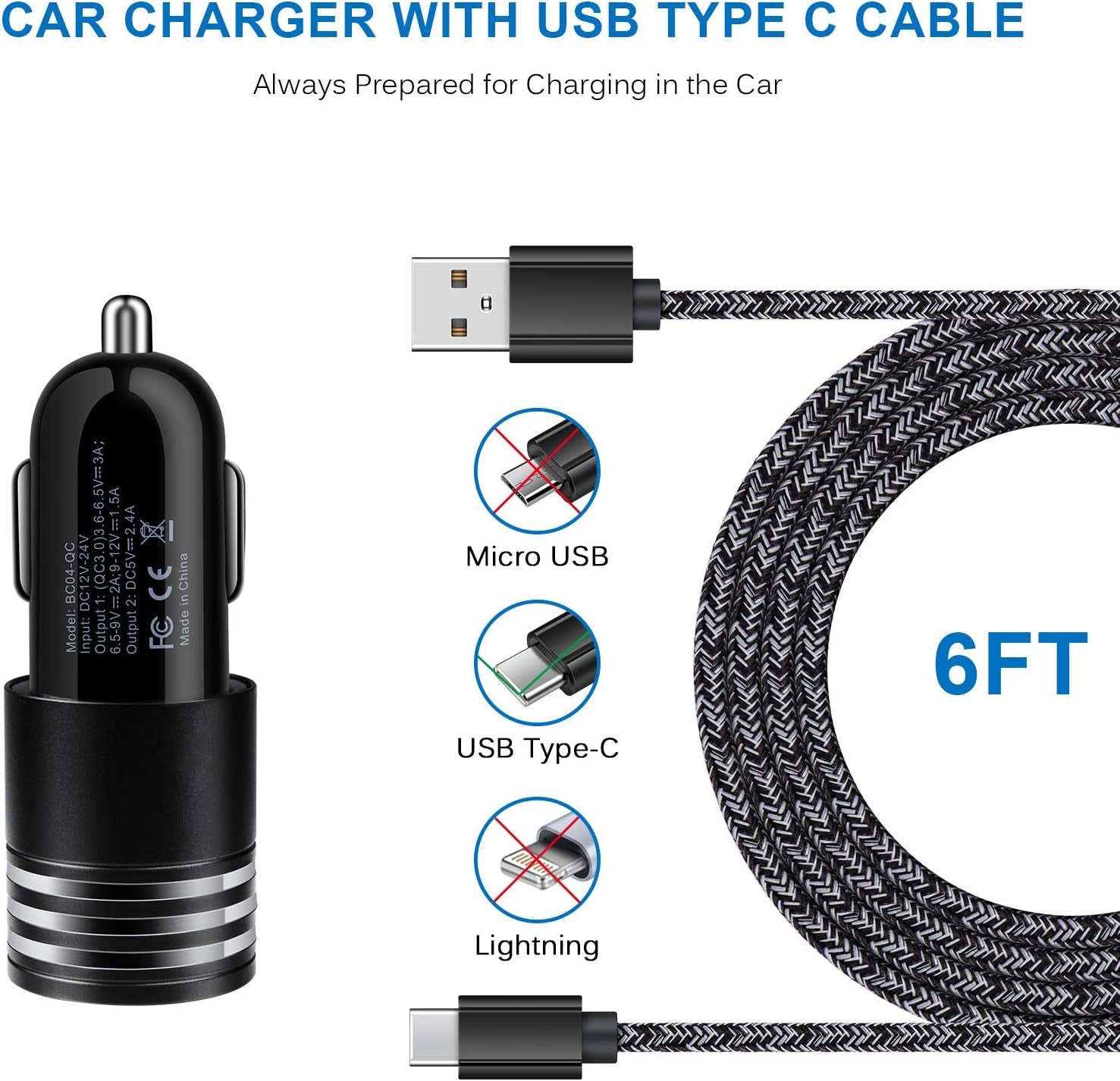 Type C Charger Fast Charger for Samsung Galaxy S24 S23 S22 S21 S20 A15 A54 A14 A53 A13,LG Stylo 6 5,Moto G Pure/G Power/G Stylus/G Play,Quick Charge 3.0 Car Charger Wall Adapter +3FT 6FT USB C Cable