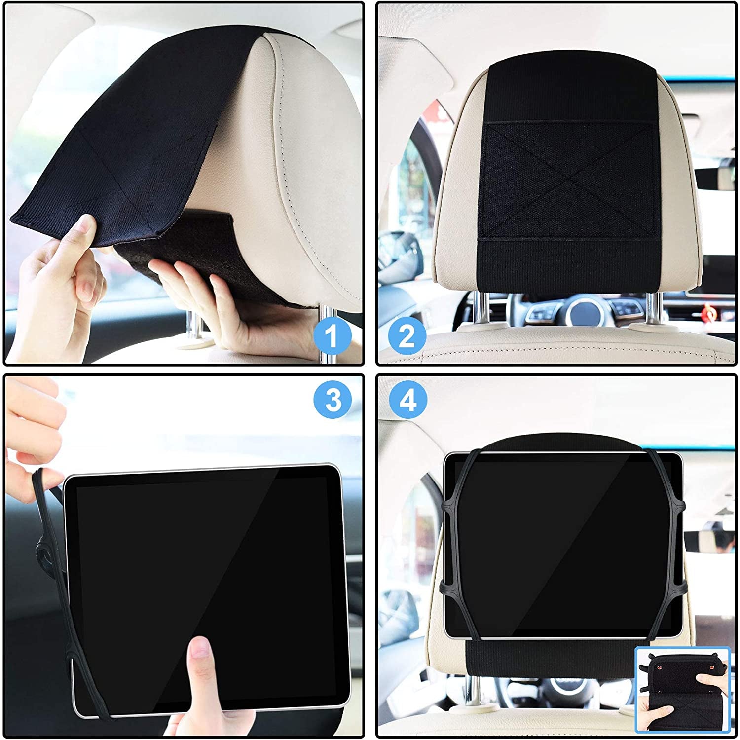 Car Headrest Mount Holder, Tablet Holder for Kids in Back Seats, Anti-Slip Strap and Holding Net,Angle-Adjustable/Fits All 7 Inch to 12.9 Inch Tablets