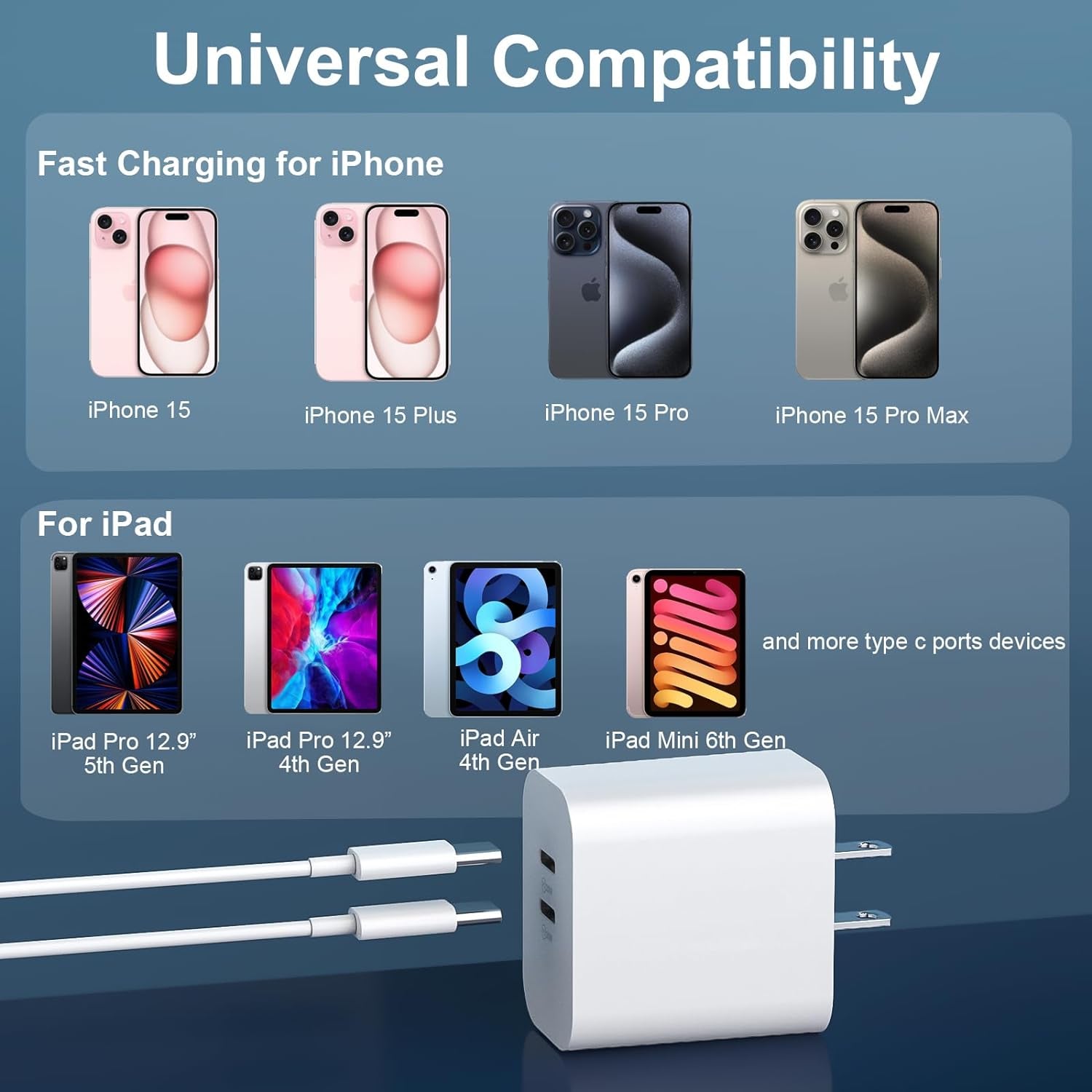 USB C Charger Block for Phone 15 Pro Max,20W USB C Charger with 12FT Long USB C to C Fast Charging Cord Cable Compatible for Phone 15 Pro Max/15 Pro/15 Plus/15, Samsung Galaxy/Android Phone