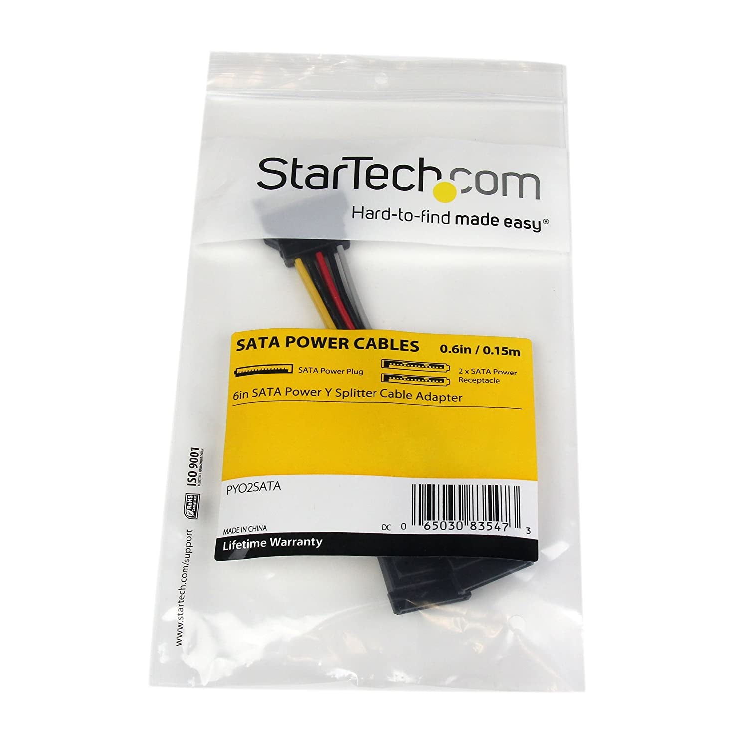 Startech Power Y Splitter Cable Adapter, 6-Inch (L) (PYO2SATA)