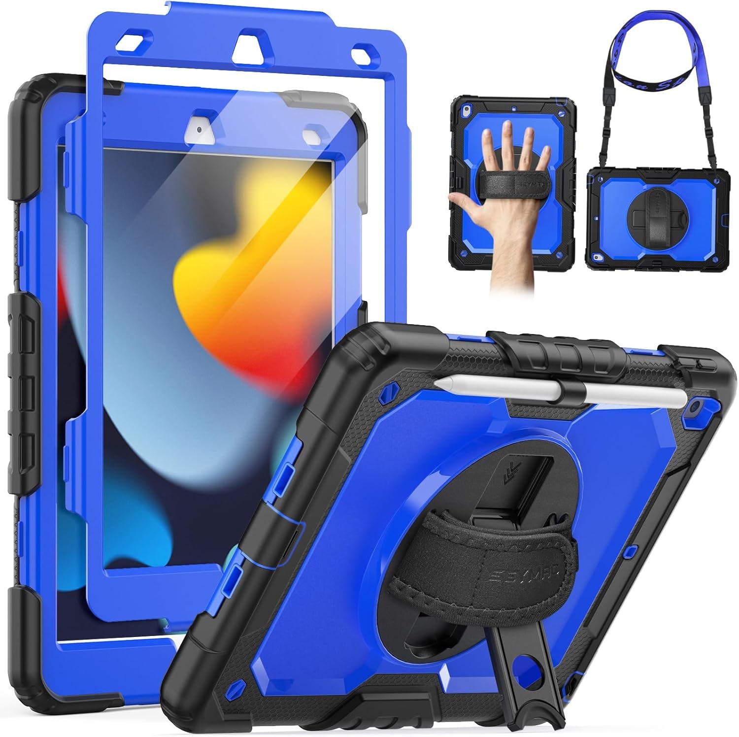 for Ipad 9Th/8Th/7Th Generation Case 10.2" 2021-2019, Full-Body Shockproof Heavy Duty Protective Case with Screen Protector, Rotating Stand/Handle/Shoulder Strap for Ipad 10.2, Black/Blue